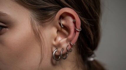 Soft makeup accentuating detailed body art and unique earrings.