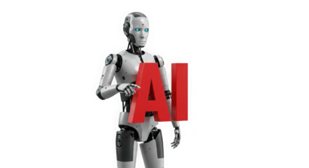 Robot holding red ai letters on a transparent background in a studio setting