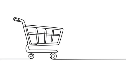 Minimalist single line drawing of a shopping cart on a white background