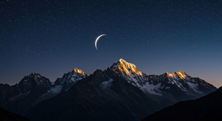 Crescent moon over snowy mountain range