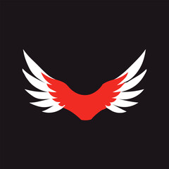 Obraz premium A striking pair of stylized wings with inner red and outer white feathers, fanned out against a dark background. Symbolizes freedom, flight, speed, and aspiration in a bold design.