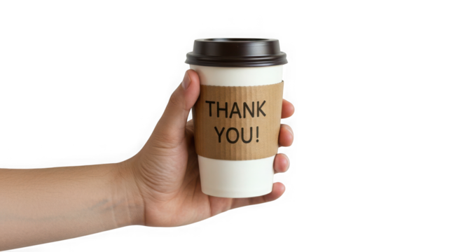 Hand holding a thank you coffee cup against a plain on transparent background image