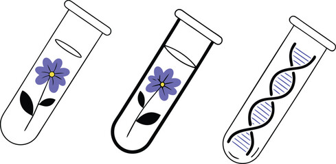Capsules like scientific sample tubes each containing a tiny cartoon flower with DNA tags on the glass