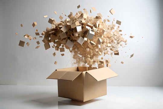An open cardboard box explodes with smaller boxes and packing material, isolated on white background