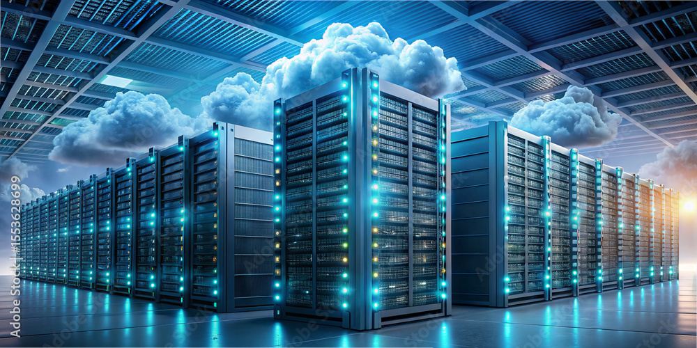 Poster rows of high-tech servers glow with blue lights in a modern data center. soft clouds are projected a