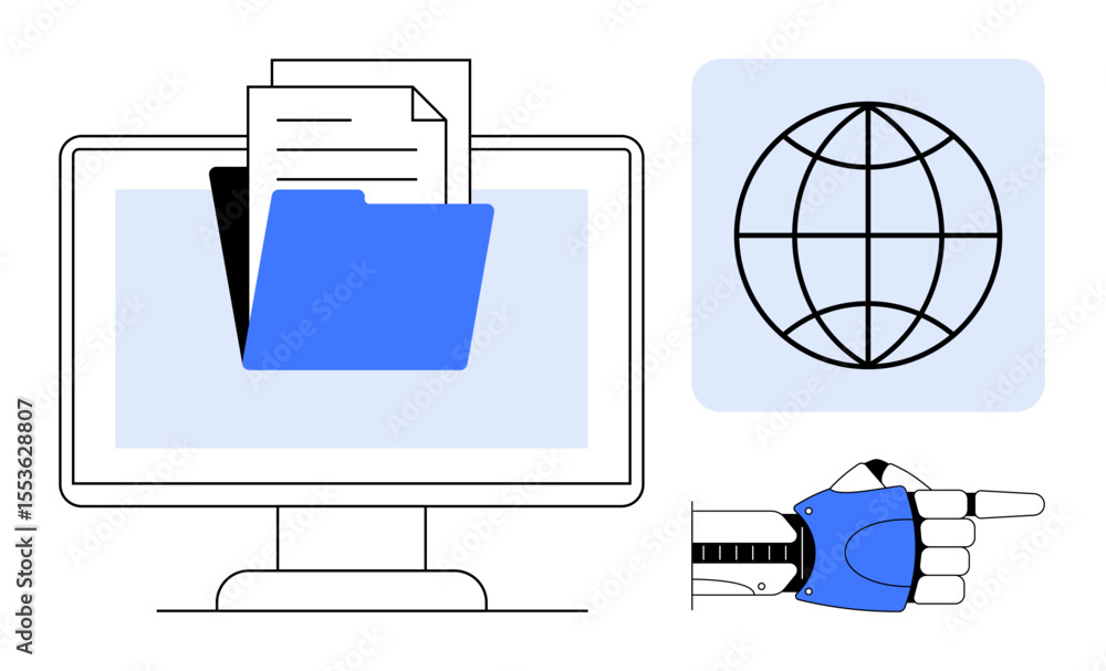 Poster robot hand pointing to computer with digital folder and documents. globe outline symbolizes global a
