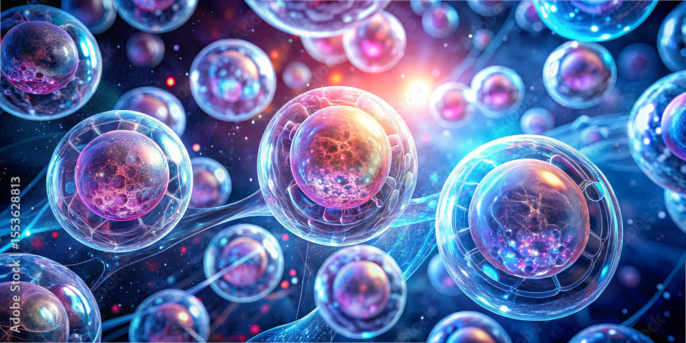 Poster vivid cells are depicted floating in a dynamic environment filled with colorful light and energy. th