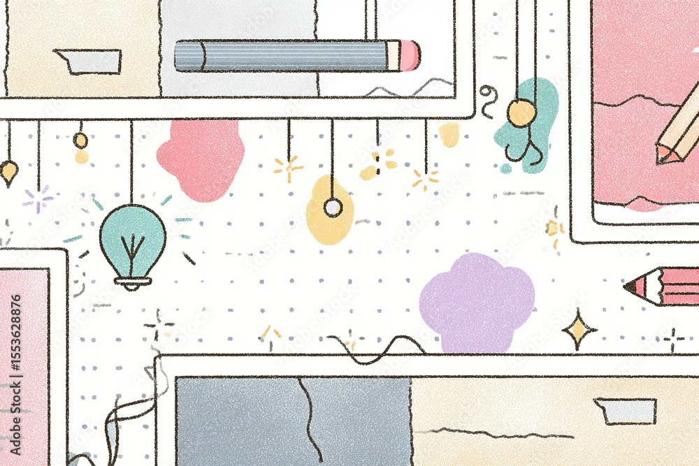 Poster creative workspace with stationery and colorful designs for art projects and brainstorming sessions