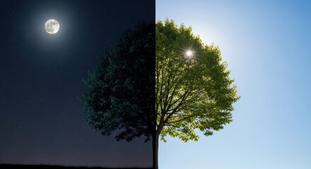 Tree under sunlit day and moonlit night sky symbolizing balance and duality