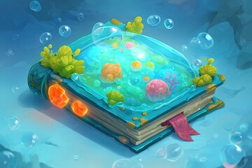Colorful underwater-themed book filled with bubbles and vibrant sea creatures
