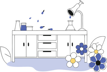 Vector scene of a chaotic lab bench with spilled liquids growing spontaneous, cartoon flowers
