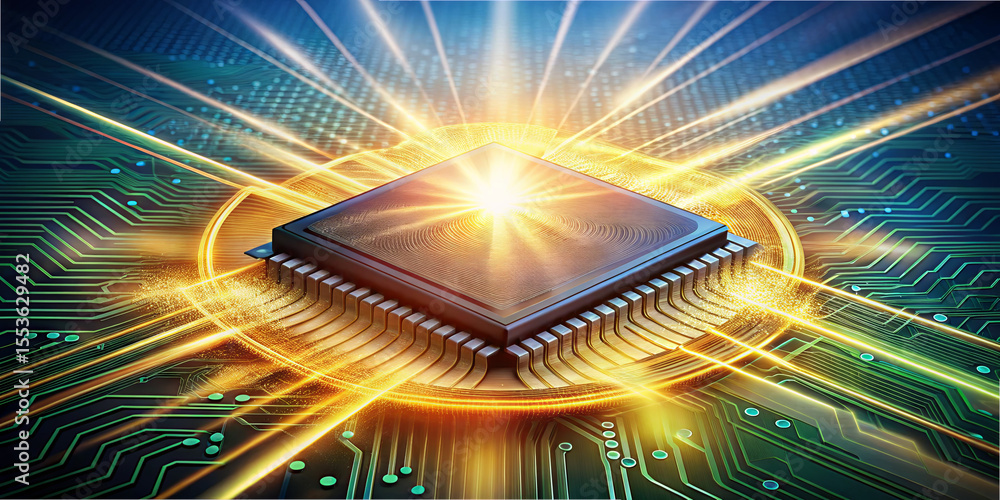 Poster a microchip illuminates with bright energy at its center, surrounded by intricate circuit patterns. 