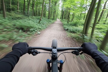 Riding a mountain bike on a forest path, close-up of hands holding the handlebars and riding towards