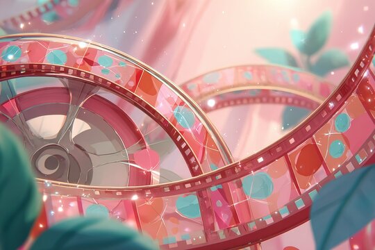 Colorful film reels twist and shine in a vibrant artistic display in an imaginative setting