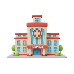 Obraz premium 3D illustration of modern hospital building with medical cross sign, front-facing healthcare facility on plain background, minimal clean style PNG