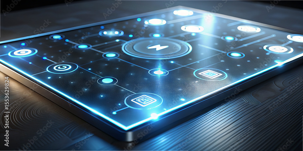Poster a futuristic digital interface showcases various icons and symbols, illuminated with blue light on a