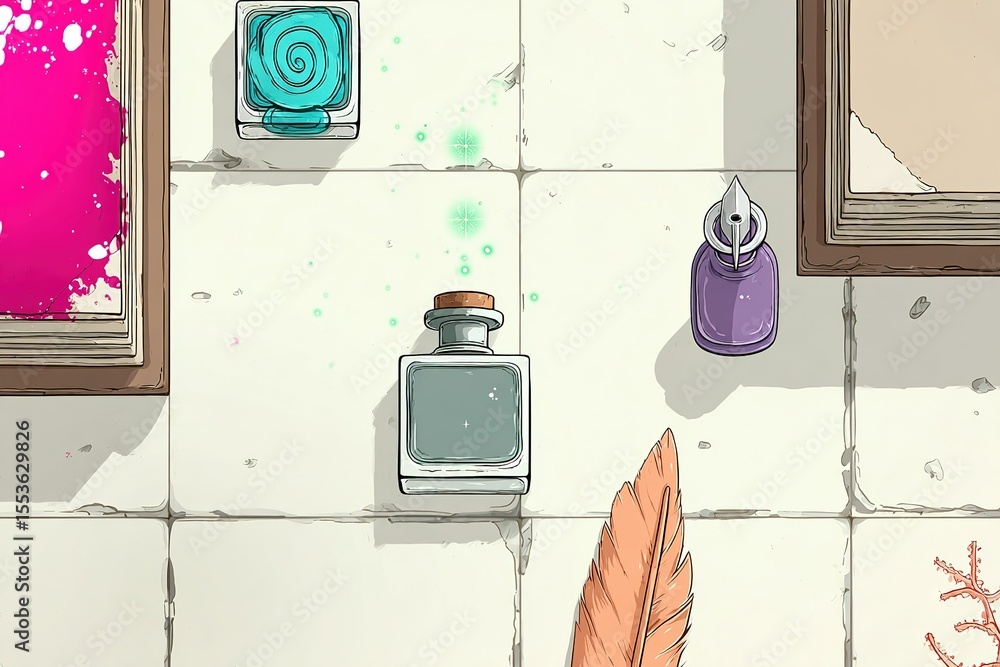 Poster vibrant ink bottles and artistic tools displayed on a tiled surface in an artistic workspace