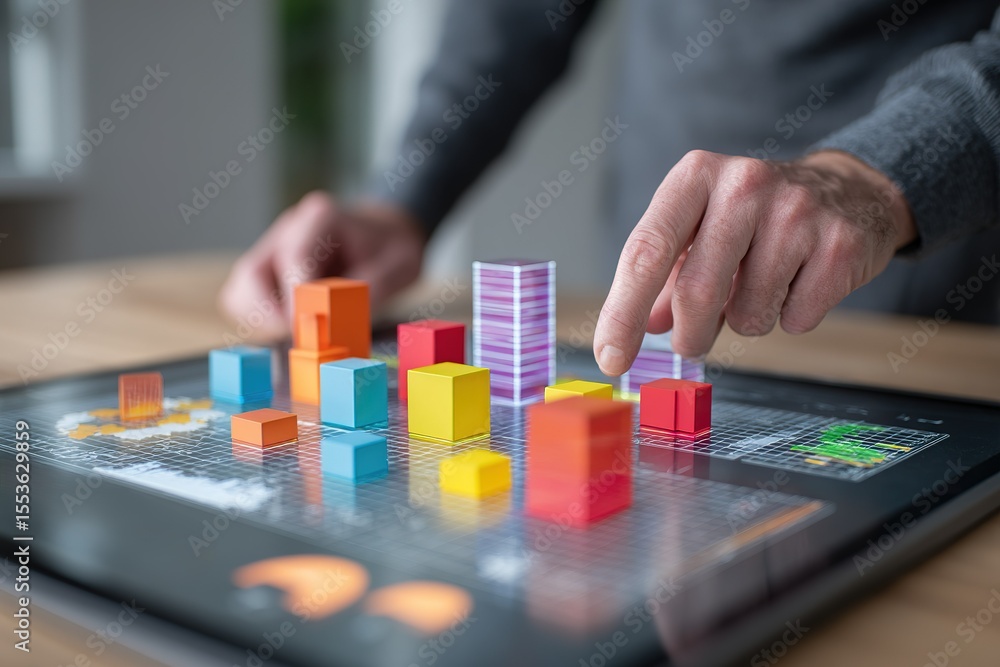 Poster hands interact with colorful digital data visualizations on a touchscreen display in a modern worksp