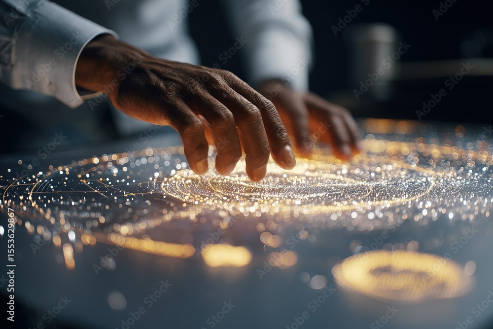 Poster hands interact with holographic data display in a tech lab during evening hours
