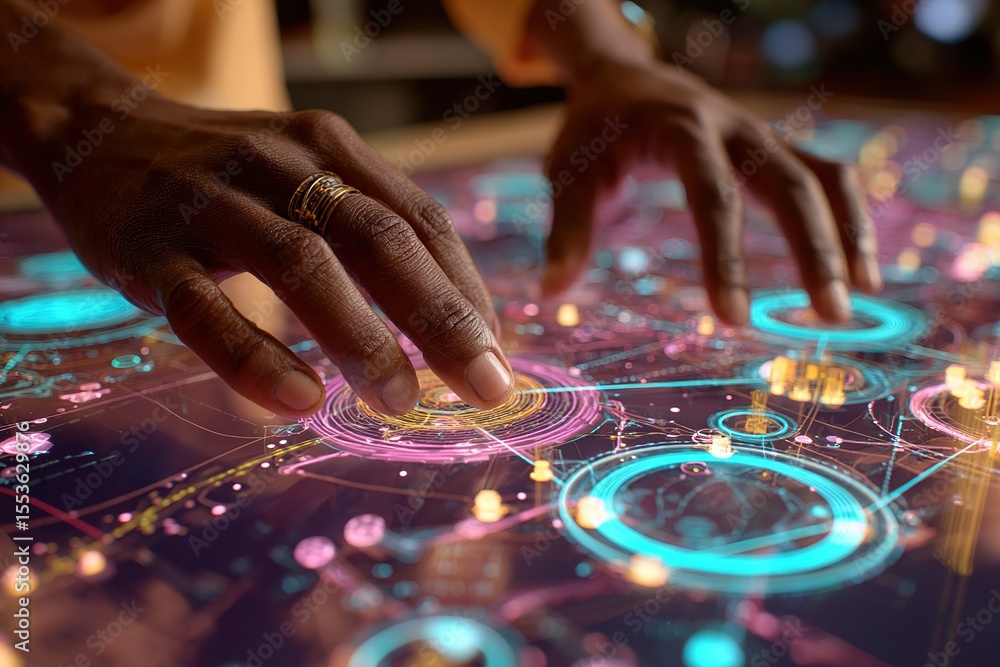 Poster engaging with futuristic technology at a digital interface during an innovation workshop in a modern