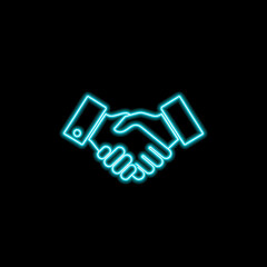 Fototapeta premium Centered cyan neon outline icon of handshake symbolizing partnership or agreement, front-facing on plain black background in minimal neon style JPG