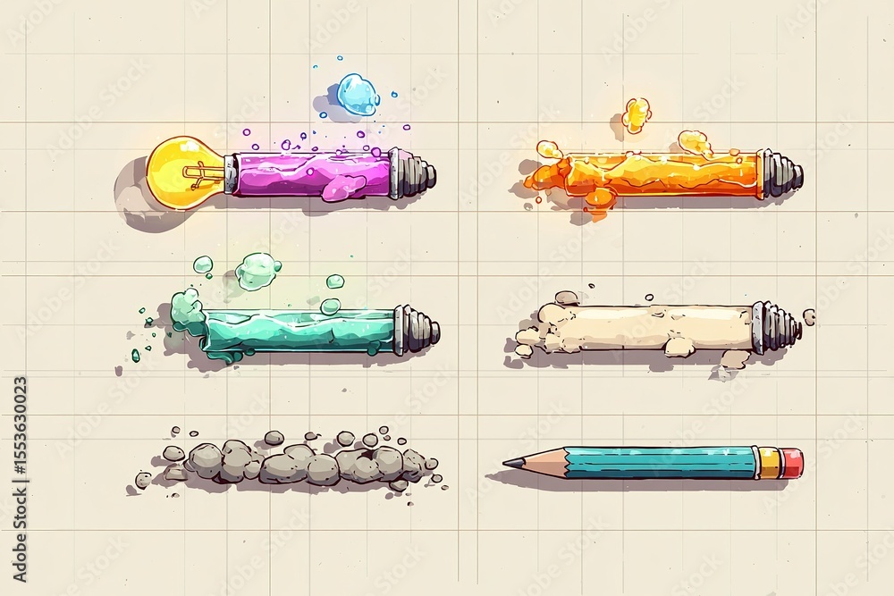 Poster colorful artistic tools creating playful designs on a textured background with unique shapes and eff