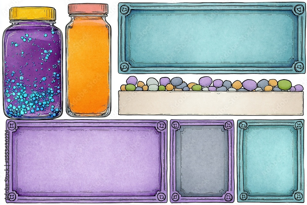 Poster colorful jars and containers filled with decorative items displayed on a light surface in an artisti