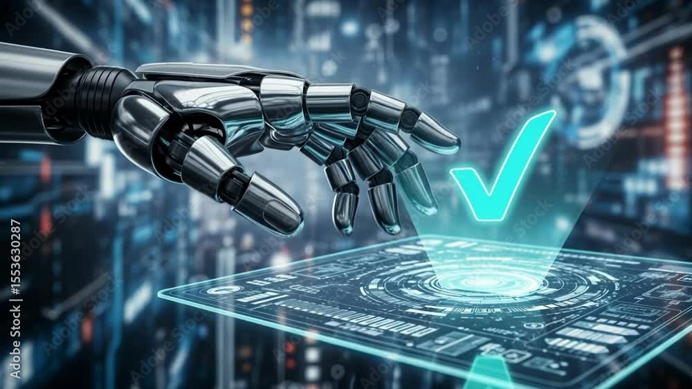 Poster robot hand confirms with check mark in artificial intelligence technology