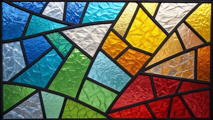 Abstract stained glass window with geometric shapes in vibrant colors and black framework