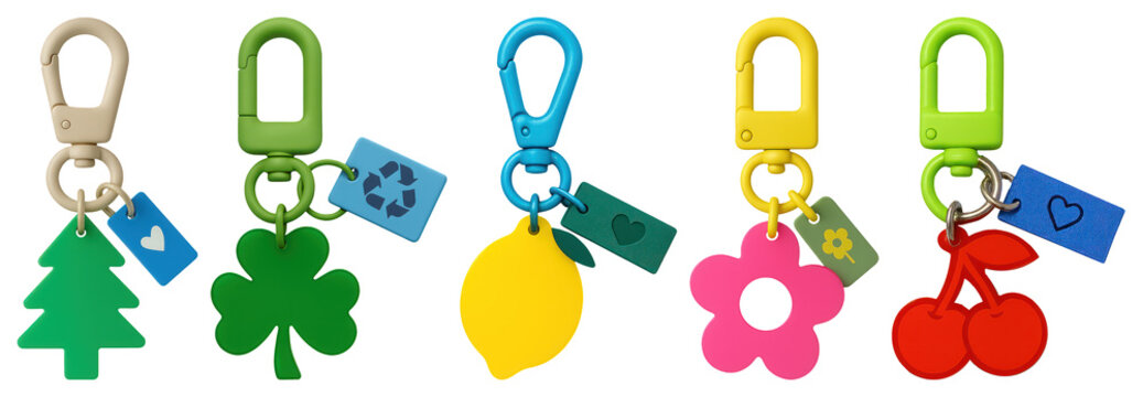 PNG Colorful eco-friendly keychains variety, element set on transparent background