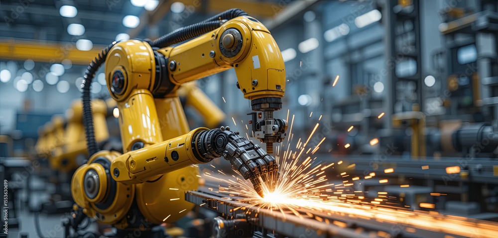 Poster a robotic arm equipped with a welding tool operates in a bustling factory. sparks fly as it fuses me