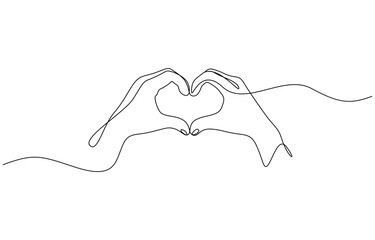 Single one line drawing hands making sign or symbol heart by fingers, Minimalist silhouette Hand Drawn Line Illustrations of Hands Forming Heart Shapes. Editable outline
