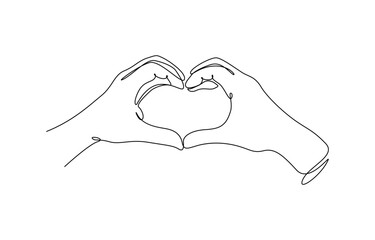 Single one line drawing hands making sign or symbol heart by fingers, Minimalist silhouette Hand Drawn Line Illustrations of Hands Forming Heart Shapes. Editable outline