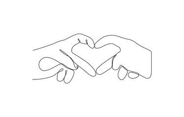 Single one line drawing hands making sign or symbol heart by fingers, Minimalist silhouette Hand Drawn Line Illustrations of Hands Forming Heart Shapes. Editable outline