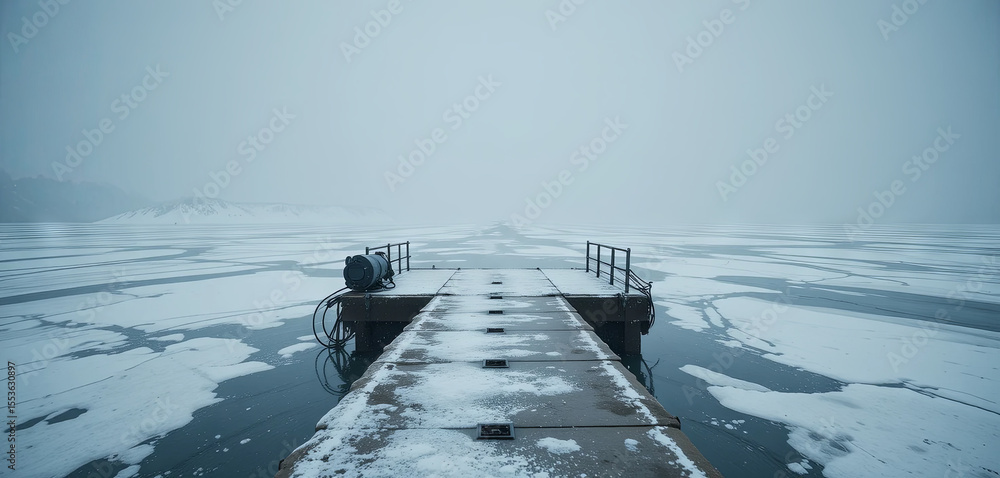 Poster a quiet winter scene shows a dock covered in snow, extending into a fog-shrouded lake. ice patches s