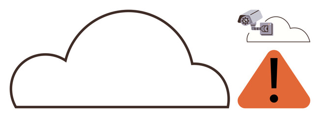 Cloud shape paired with a surveillance camera and an orange warning triangle. Ideal for cyber safety, data protection, online security, cloud storage, threat detection, risk alert, privacy concerns