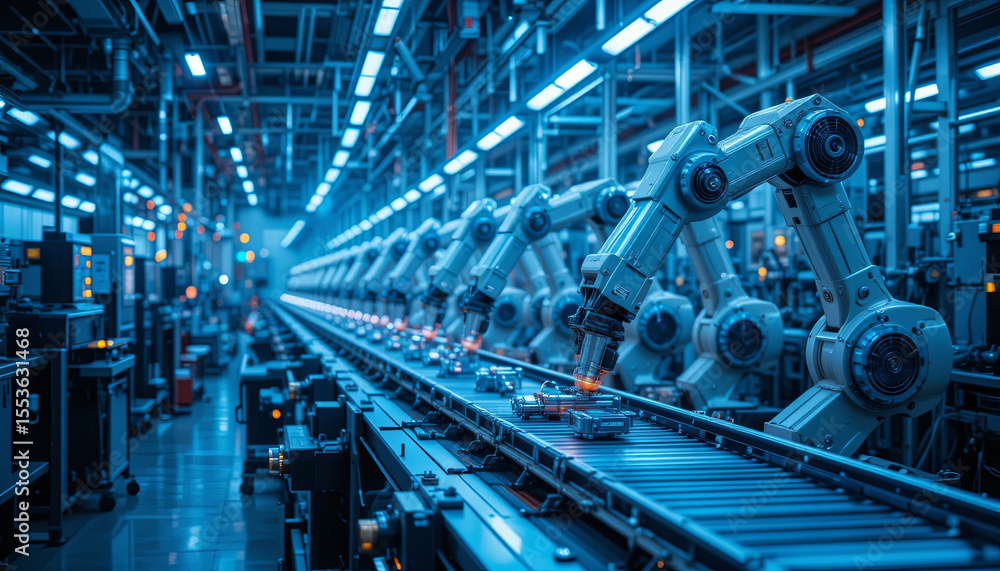 Poster robotic arms work efficiently on an assembly line, assembling components under bright fluorescent li