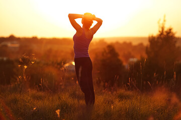 Girl stands in a field at sunset.
