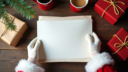 Santa Claus's hands hold blank Christmas letter; festive gifts and warm drinks surround; cozy winter mood.