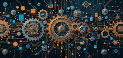 Fototapeta premium Intricate layout featuring metallic gears interspersed with digital elements, showcasing a blend of mechanical design and modern technology, emphasizing connectivity and innovation
