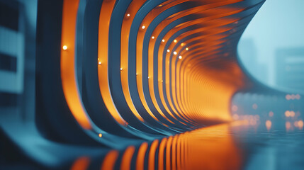 Abstract architectural design; illuminated curved passageway with warm orange and cool blue tones creating a futuristic, modern feel.