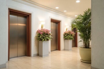 Fototapeta premium Elegant Hotel Elevator Lobby with Plants