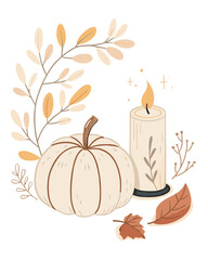 Minimalist autumn illustration with white pumpkin, candle, and fall leaves, soft beige and brown tones, cozy Thanksgiving and seasonal decor concept