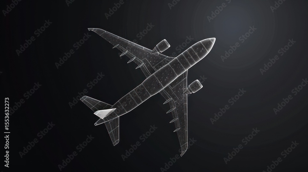 Poster wireframe airplane in dark space: a digital rendering of aircraft design