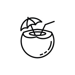 Simple black line drawing of a tropical coconut drink with a straw and umbrella