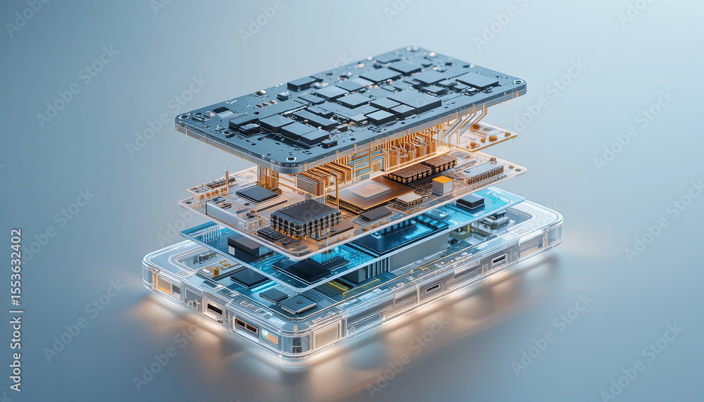 Poster layers of smartphone components are displayed in a visually appealing manner, emphasizing the comple