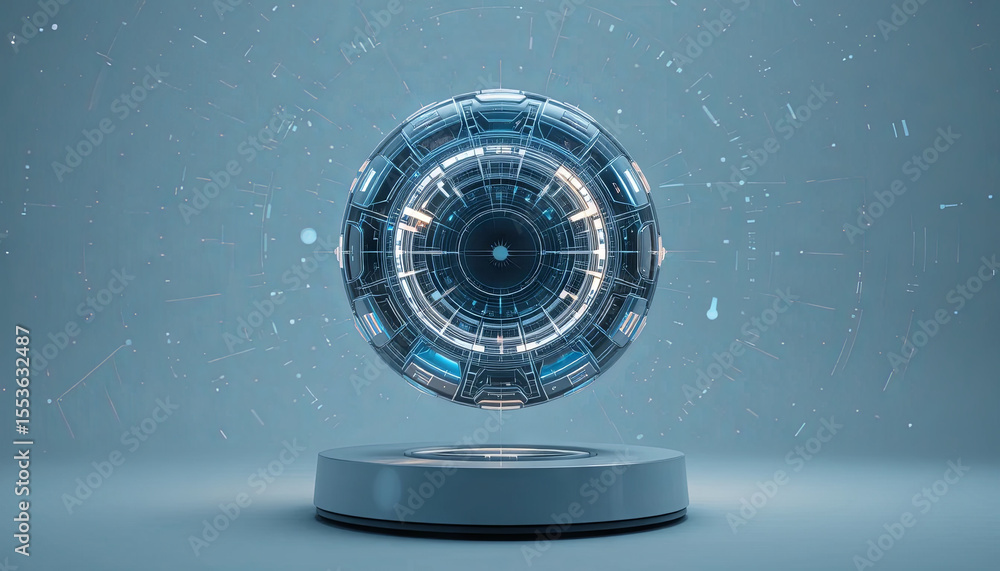 Poster a luminous sphere hovers above a round pedestal in a sleek digital space. the futuristic design feat