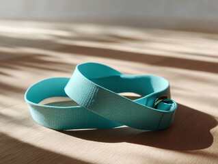 Aqua yoga strap on wood floor bathed in sunlight. Concept flexibility, fitness, wellness. Evokes calm, health,  mindful movement. Ideal for fitnesslifestyle blogs.