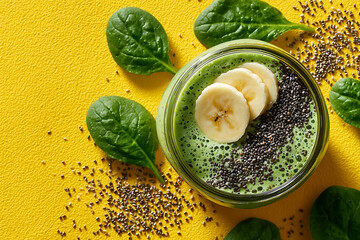 green smoothie with banana slices and chia seeds in glass jar surrounded by fresh spinach leaves and scattered chia on vibrant yellow background perfect for healthy food and wellness concepts
