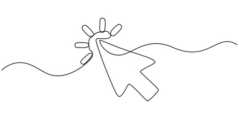 Arrow mouse click continuous one line drawing. Cursor symbol, Continuous drawing of cursor arrow. One line icon of cursor arrow, Background of drawing one line on a white background.